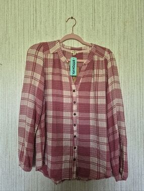 NWT Mason & Belle Size Medium Pink Aila Plaid Split Neck Top Stitch Fix